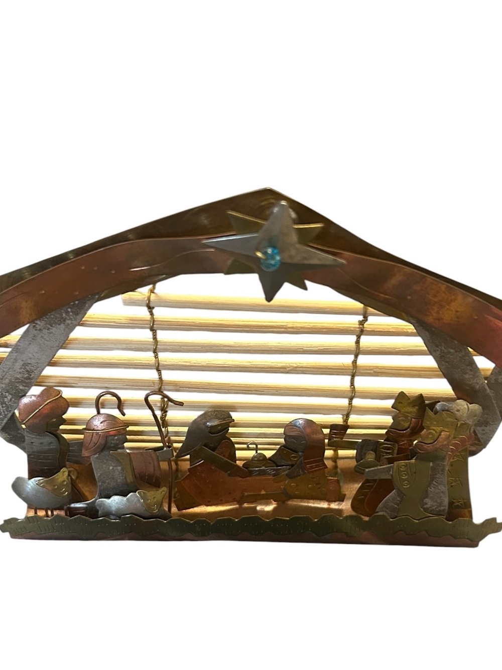 vintage primitive handcrafted metal mixed-media nativity scene creche